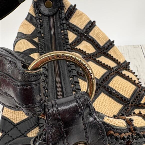 Vintage Isabella Fiore Women’s Black and Tan Leather Fabric Lattice Shoulder Bag - Picture 4 of 14